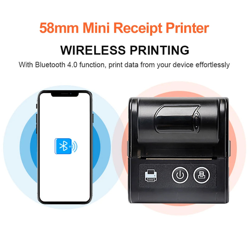 Mini Impressora Térmica de Recibos, Portátil, Sem Fio, Bluetooth, Android, IOS, Windows, USB, Pequenas Empresas, 58mm